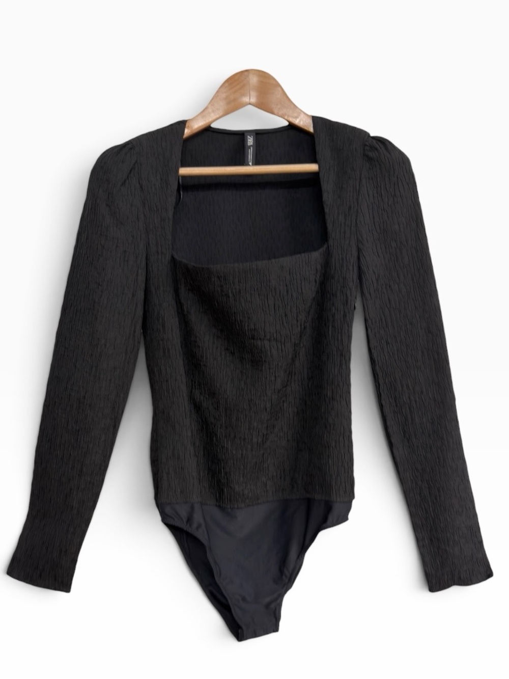 Zara Black Textured Square Neck Long Sleeve Bodysuit Size Medium Minimalist Chic